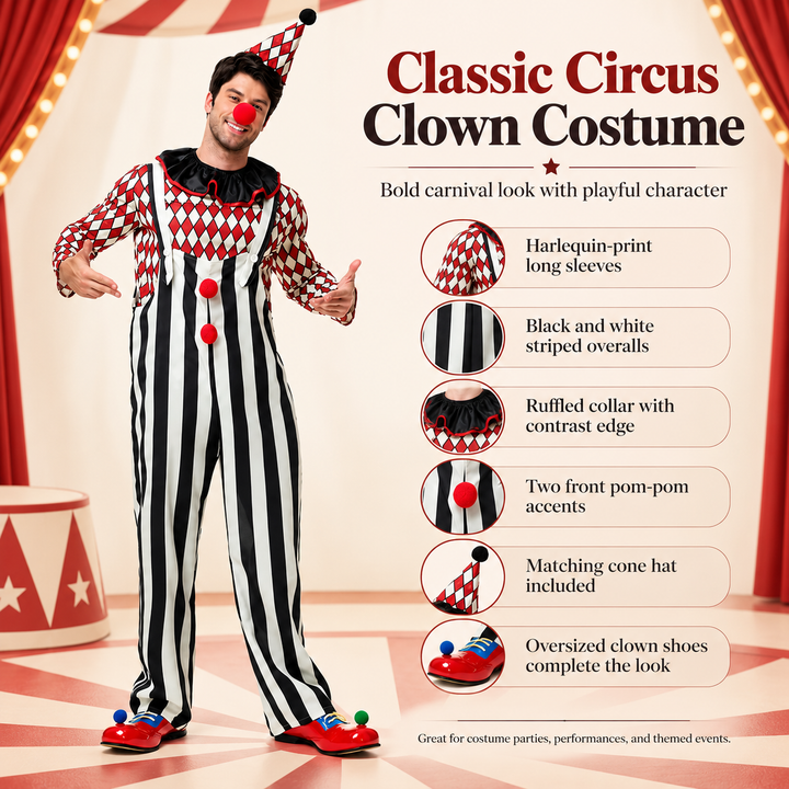 Couples Clown Costume Set Men Women Retro Circus Outfit with Hat