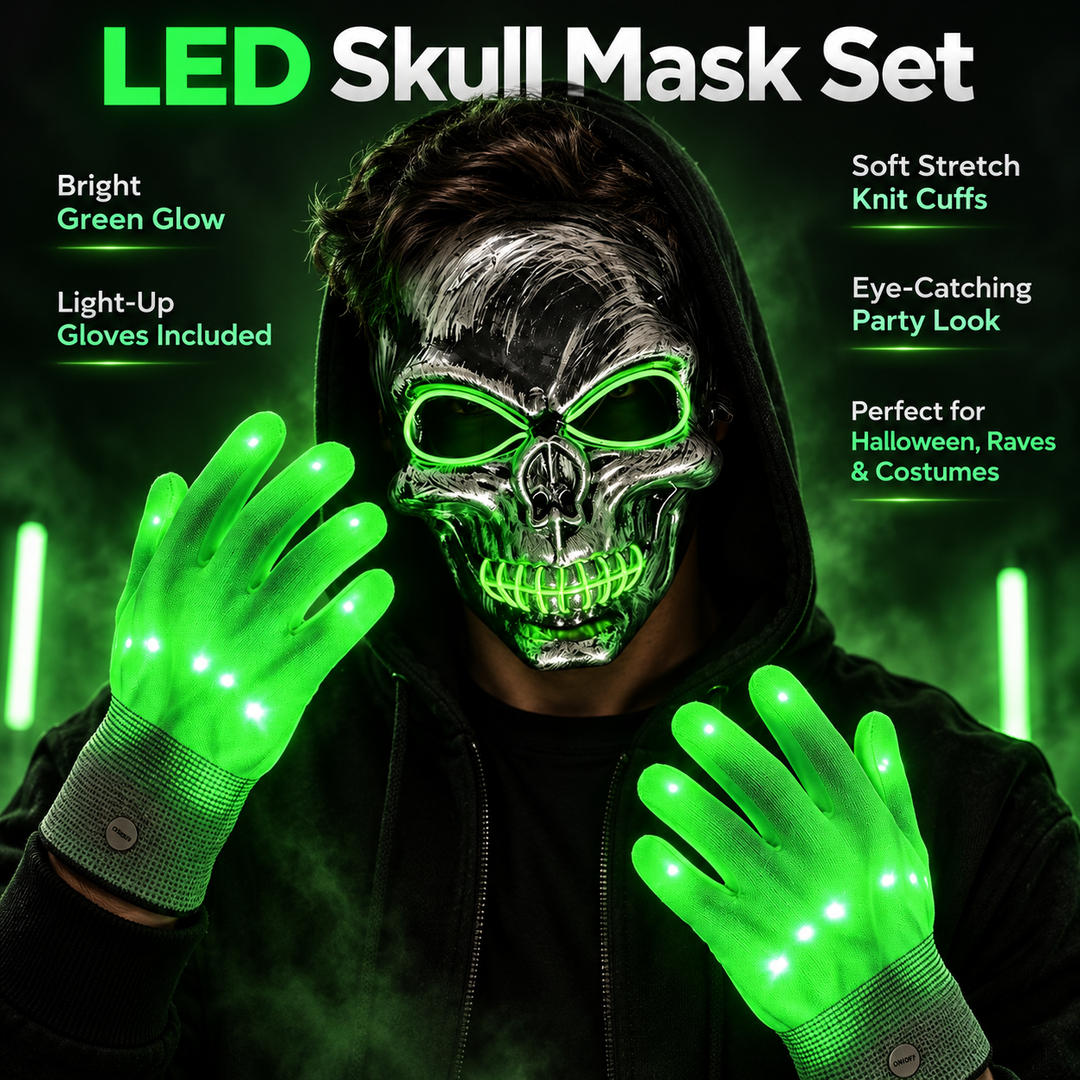 LED Skull Mask and Light Up Gloves Set Halloween Costume Accessory