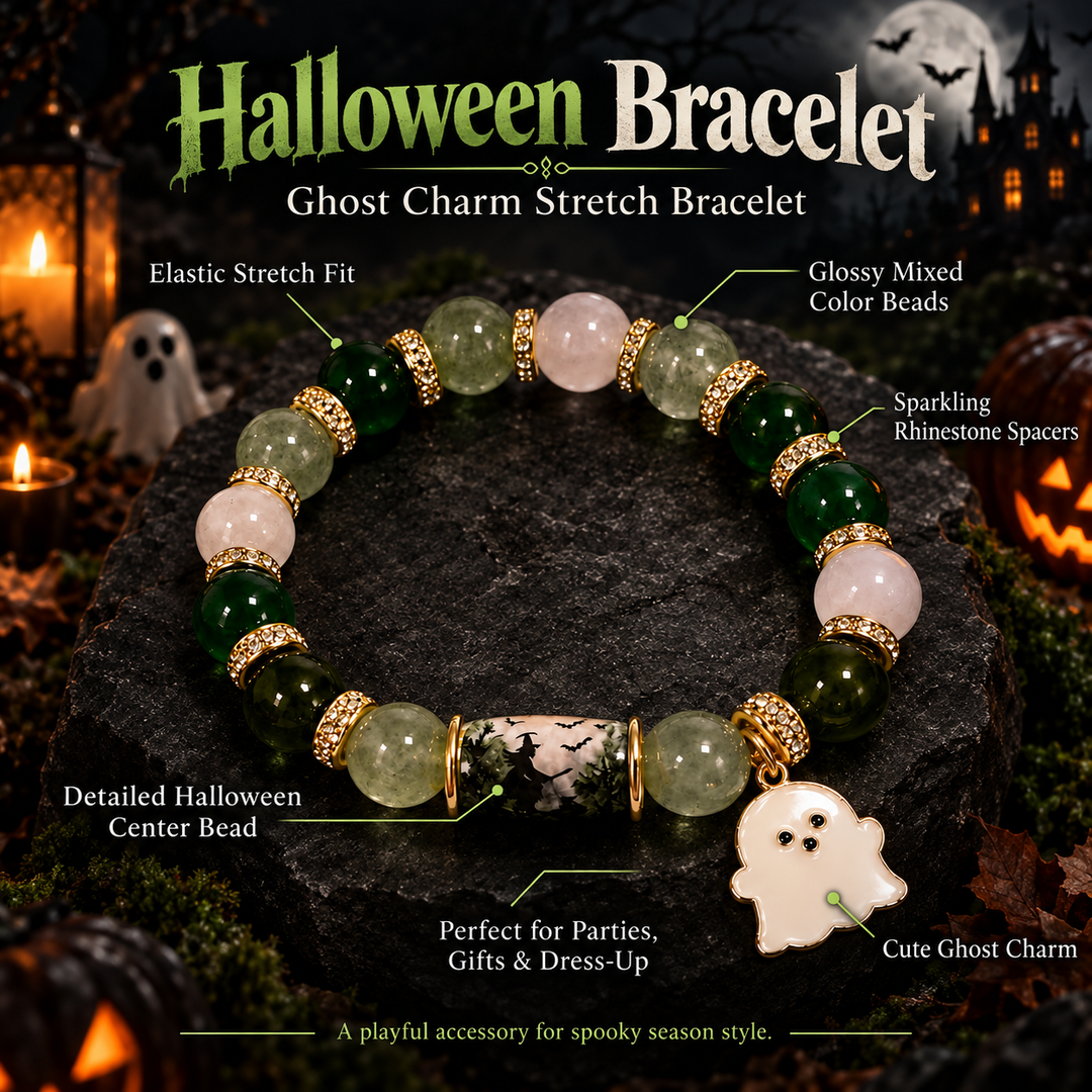 Halloween Crystal Bead Pendant Bracelet with Bat Pumpkin Ghost Castle Charms