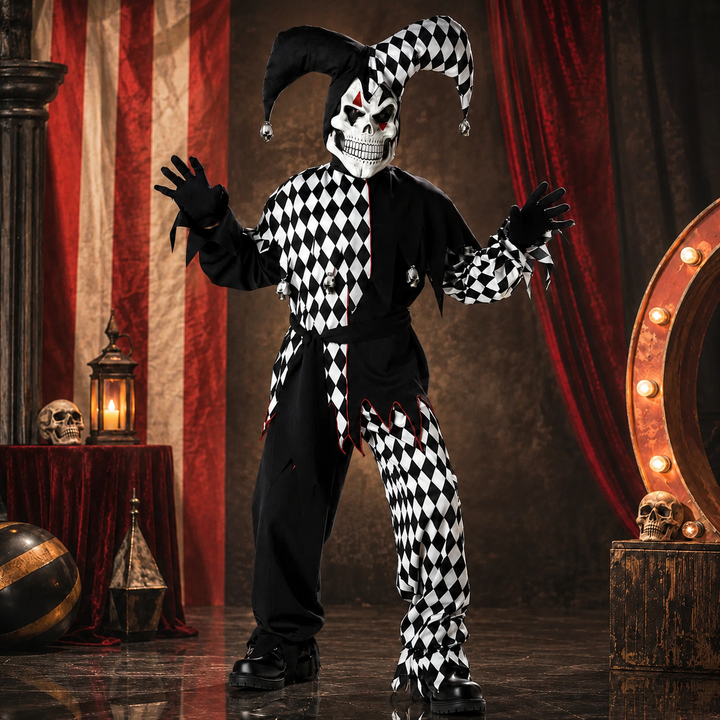 Court Jester Harlequin Costume with Skull Staff Halloween Outfit