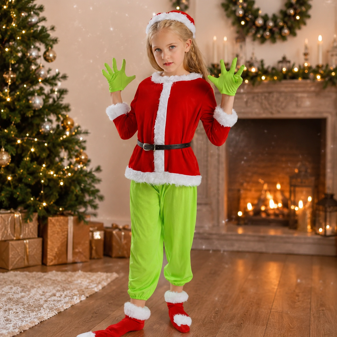 Kids Grinch Costume Set with Gloves and Santa Suit