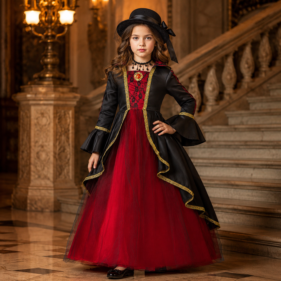 Girls Victorian Vampire Costume Dress with Hat Halloween Outfit