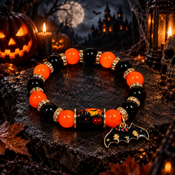 Halloween Crystal Bead Pendant Bracelet with Bat Pumpkin Ghost Castle Charms