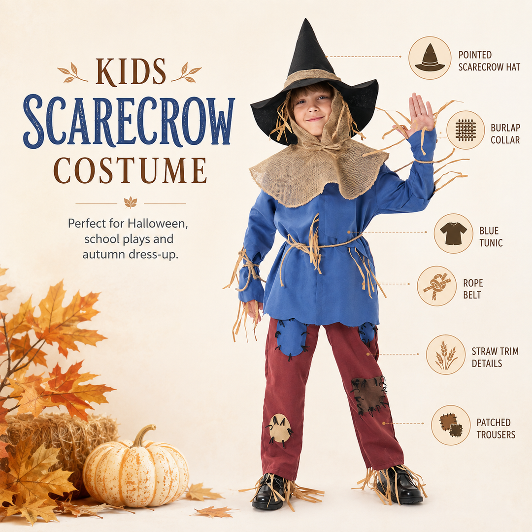 Kids Scarecrow Costume with Hat and Burlap Collar Halloween Outfit