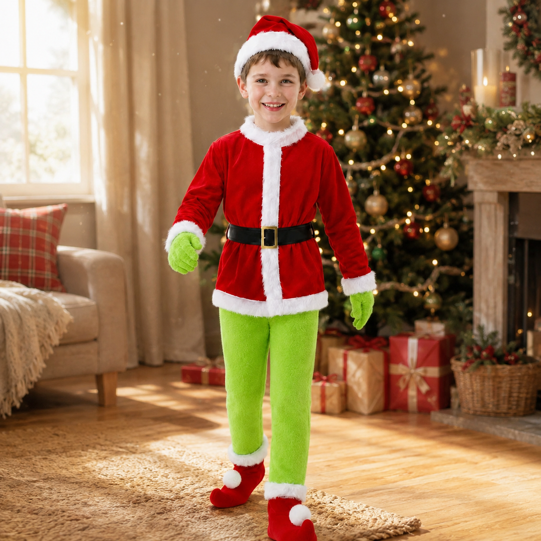 Boys Grinch Costume with Curled Toe Boot Covers Christmas Outfit