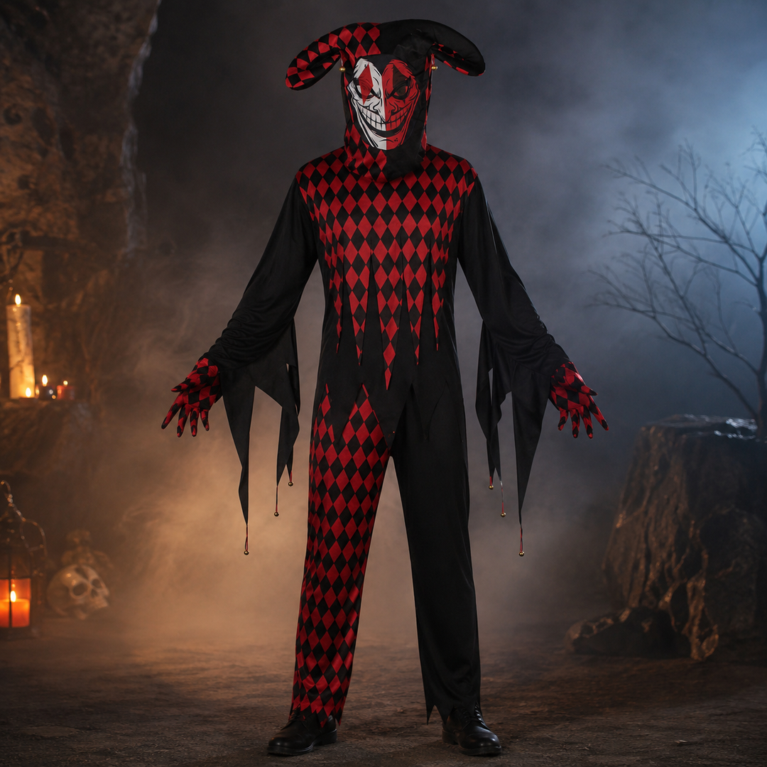 Evil Jester Hooded Mask Halloween Costume Set