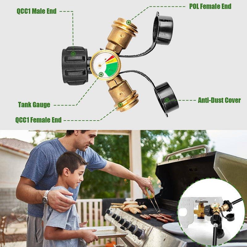 Propane Tank Y Splitter with Gauge and Shut Off Valve 2 Way LP Gas Adapter