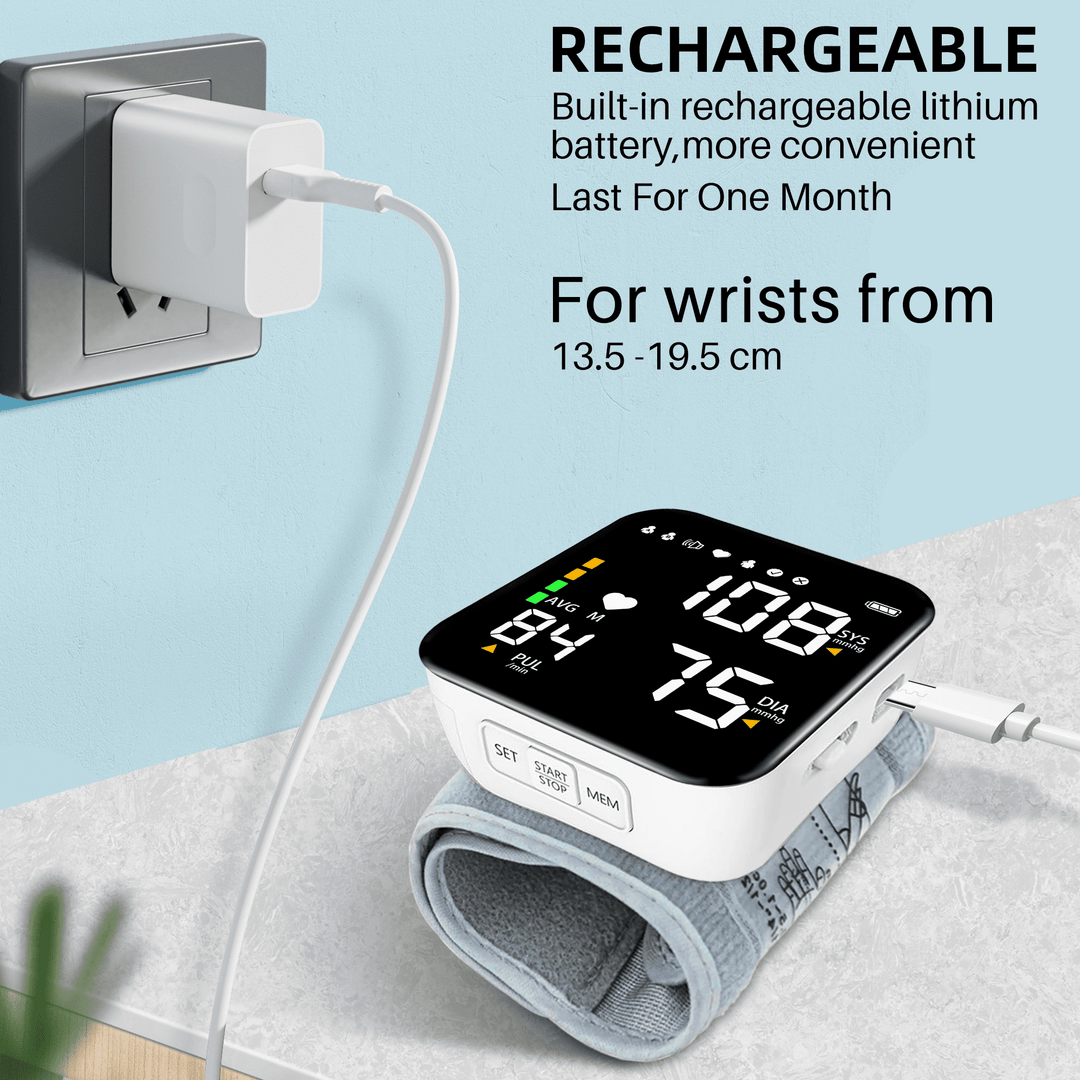 Automatic Wrist Blood Pressure Monitor with Adjustable Cuff and Large LCD Display