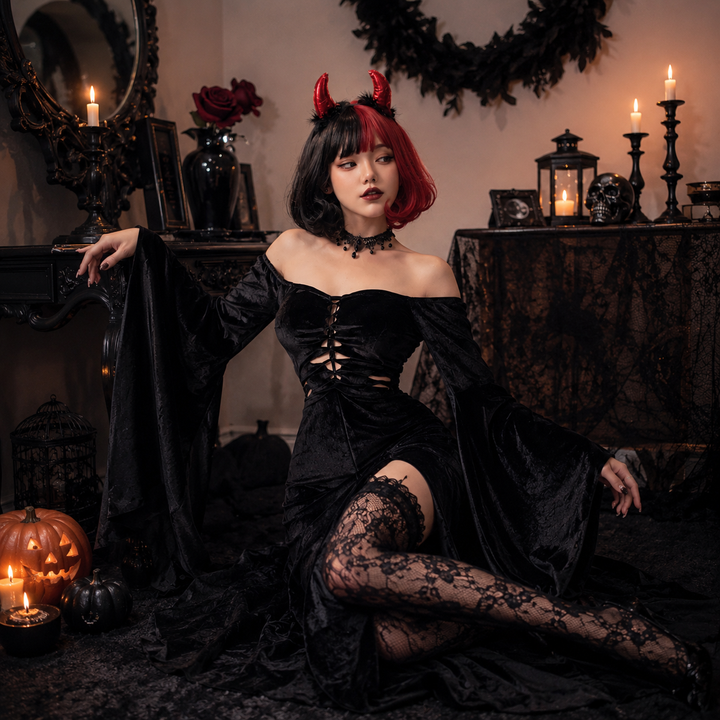 Womens Gothic Witch Halloween Vampire Grim Reaper Long Dress Costume Set
