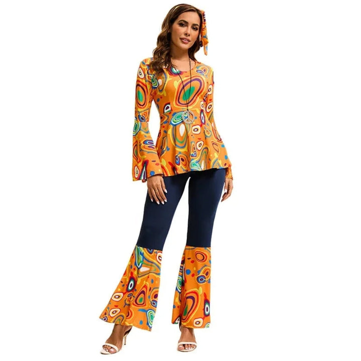 Halloween 70s Costume with Bell Bottom Pants and Hippie Theme Outfit Set 60s