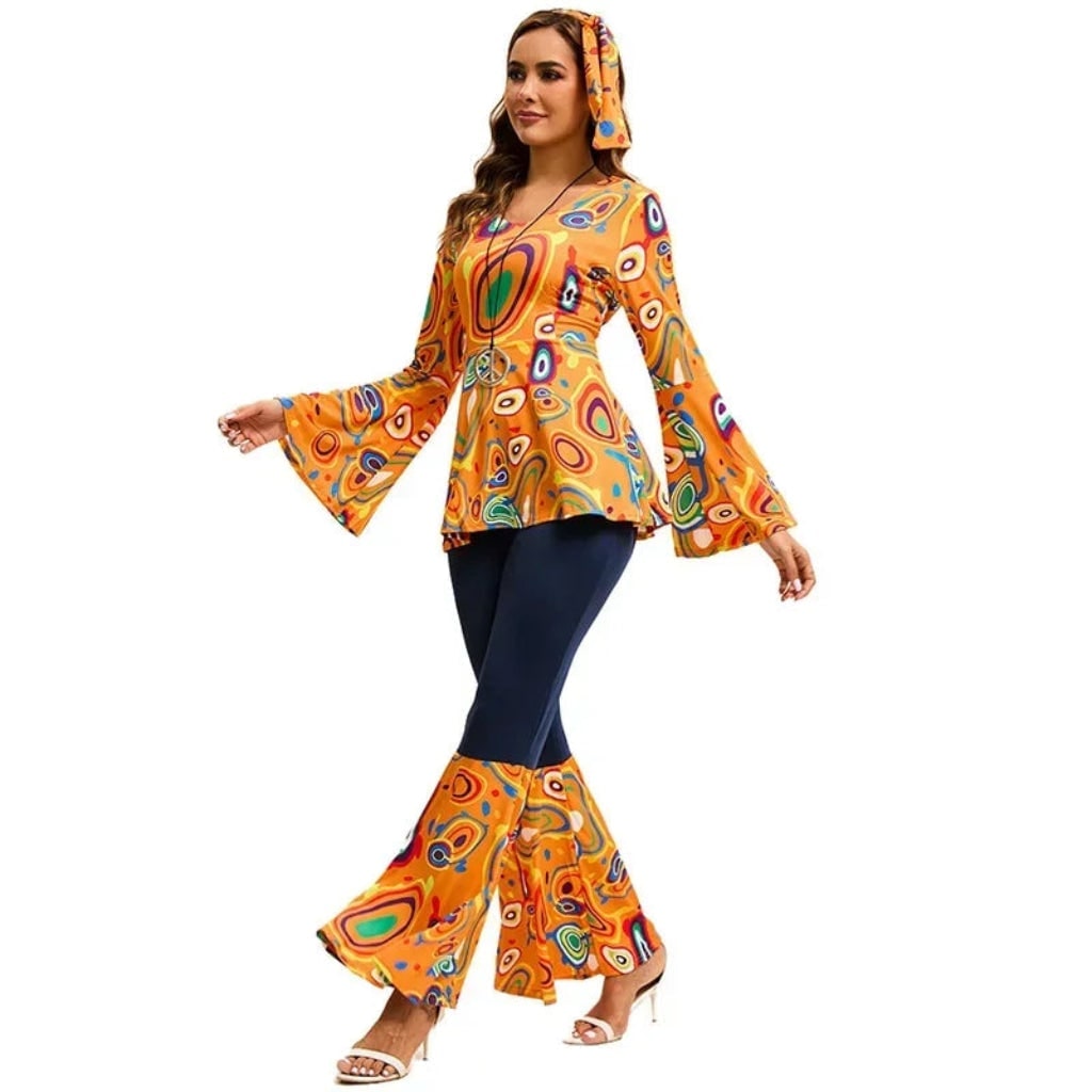 Halloween 70s Costume with Bell Bottom Pants and Hippie Theme Outfit Set 60s