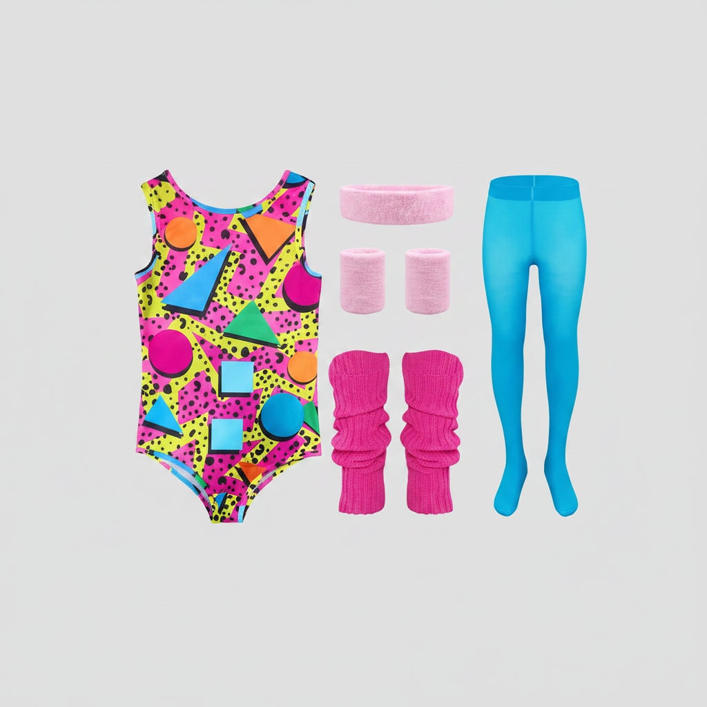 Halloween 80s Costume Party Outfit Workout Aerobics Set with Leotard Leggings Leg Warmers