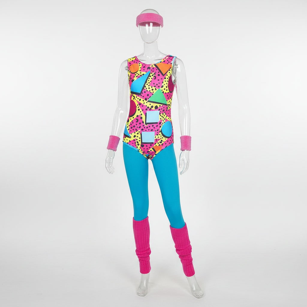 Halloween 80s Costume Party Outfit Workout Aerobics Set with Leotard Leggings Leg Warmers