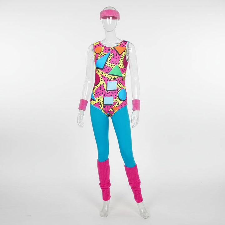 Halloween 80s Costume Party Outfit Workout Aerobics Set with Leotard Leggings Leg Warmers