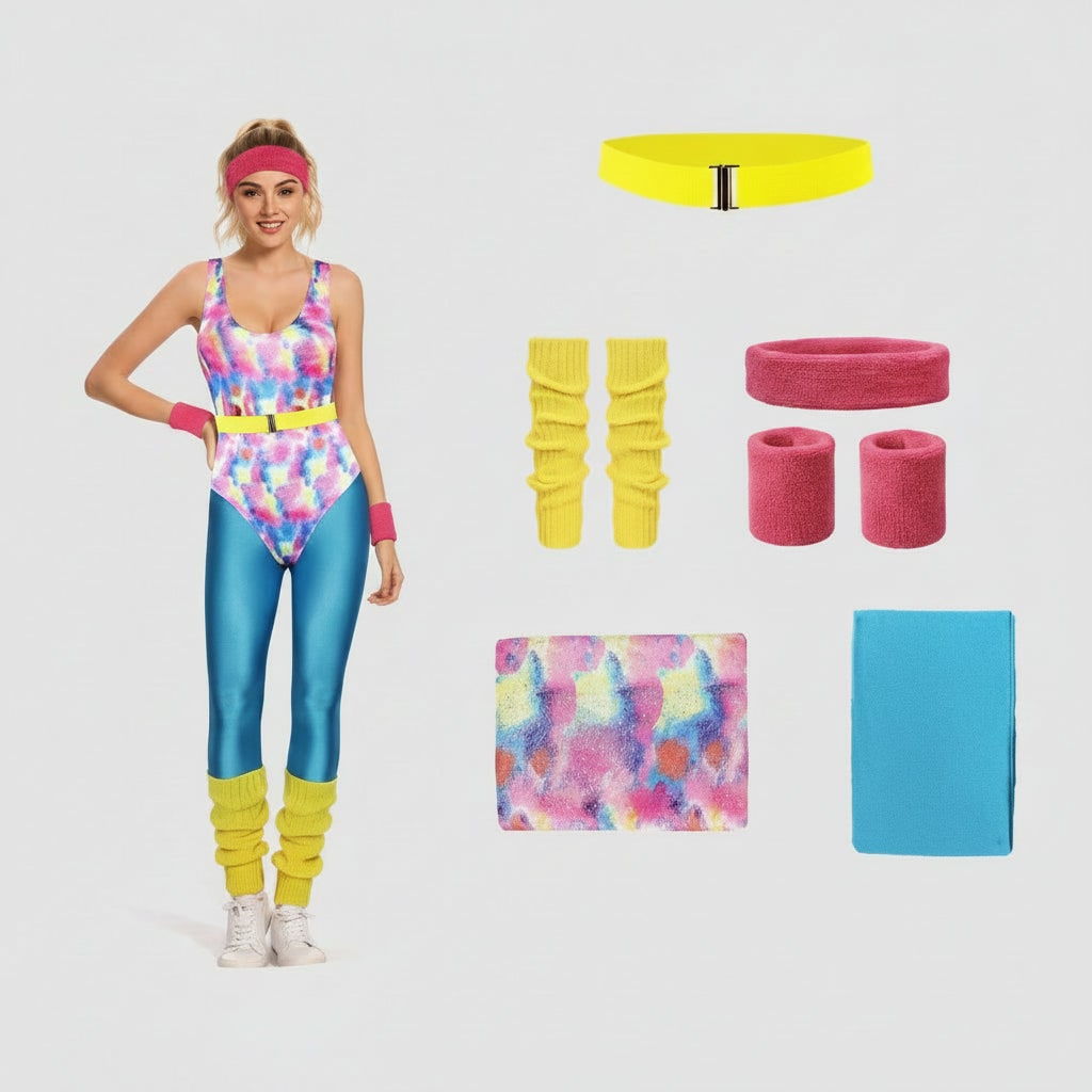 Halloween 80s Costume Party Outfit Workout Aerobics Set with Leotard Leggings Leg Warmers