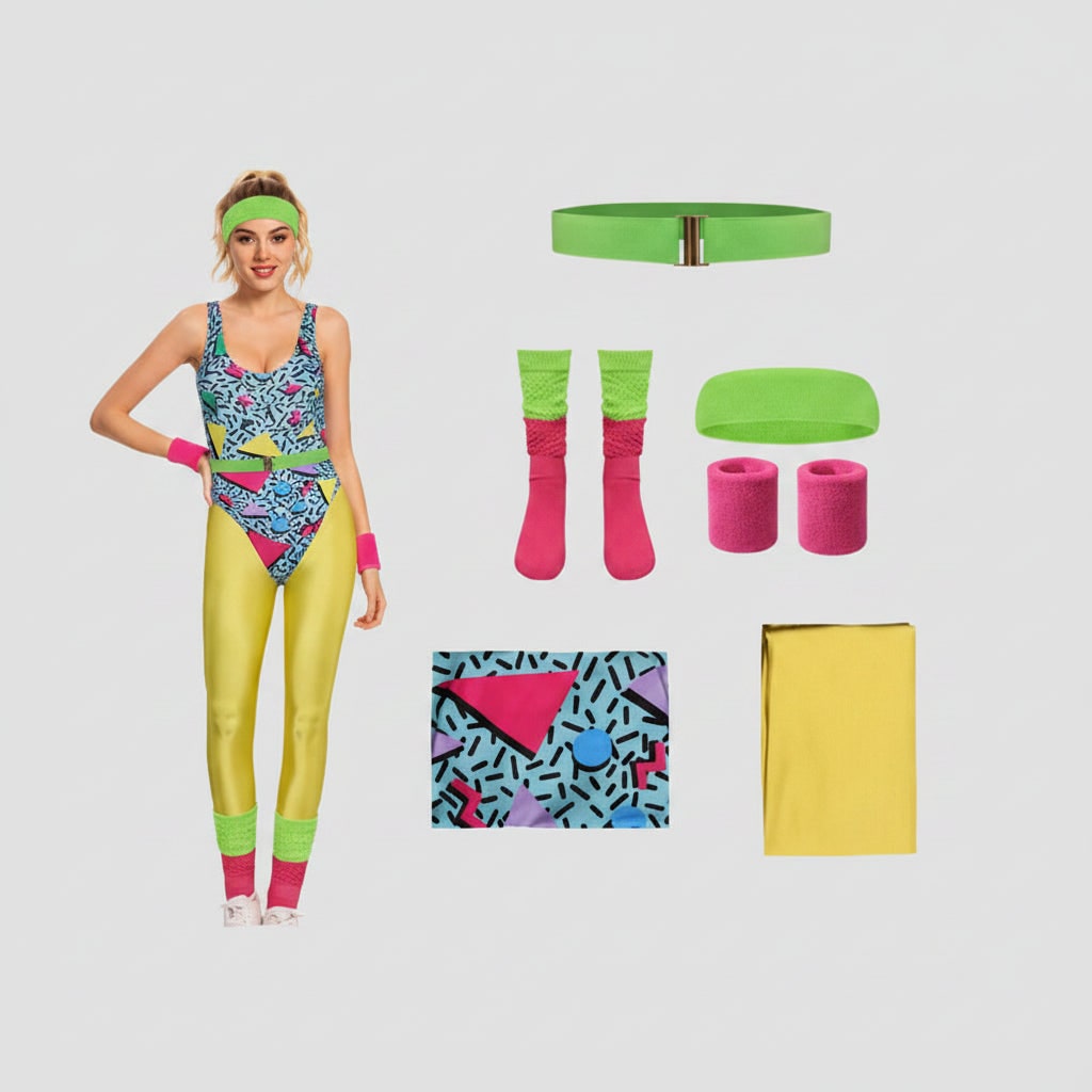 Halloween 80s Costume Party Outfit Workout Aerobics Set with Leotard Leggings Leg Warmers