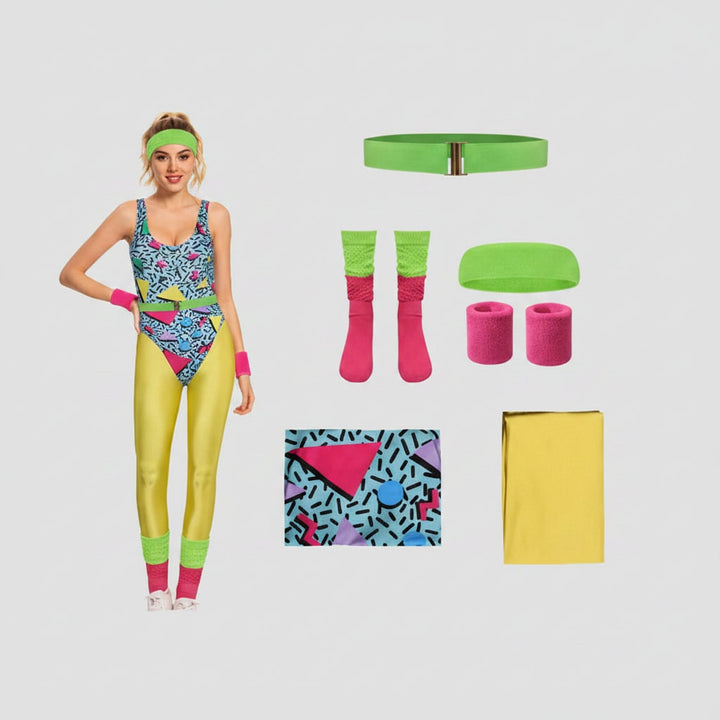 Halloween 80s Costume Party Outfit Workout Aerobics Set with Leotard Leggings Leg Warmers