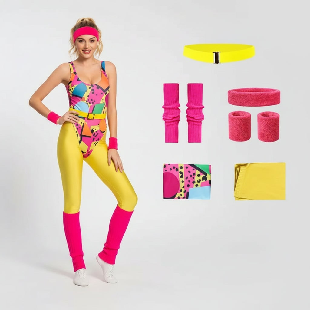 Halloween 80s Costume Party Outfit Workout Aerobics Set with Leotard Leggings Leg Warmers