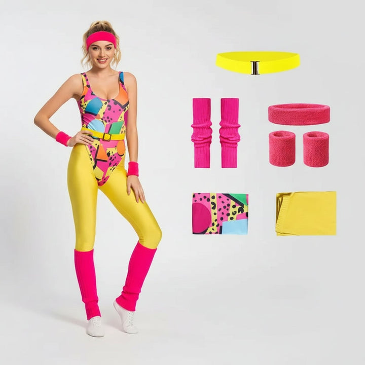 Halloween 80s Costume Party Outfit Workout Aerobics Set with Leotard Leggings Leg Warmers