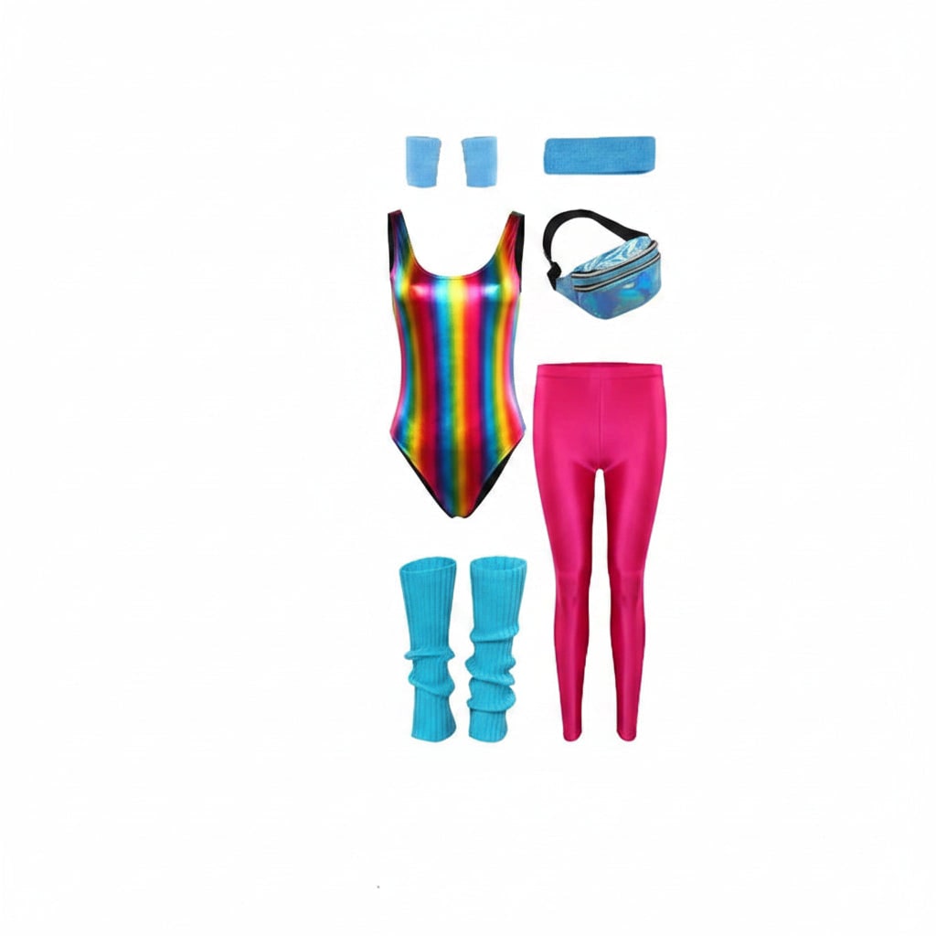 Halloween 80s Costume Party Outfit Workout Aerobics Set with Leotard Leggings Leg Warmers