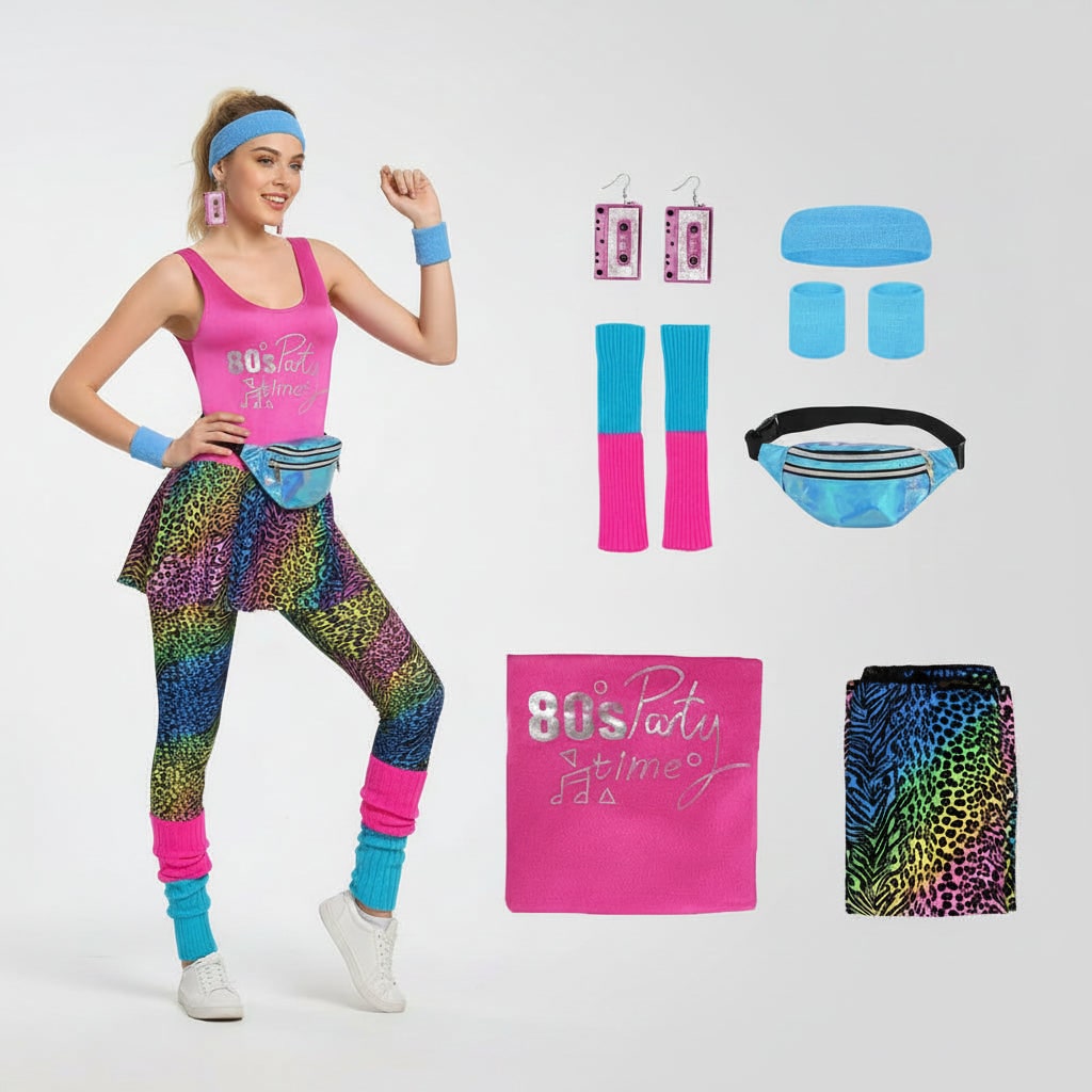 Halloween 80s Costume Party Outfit Workout Aerobics Set with Leotard Leggings Leg Warmers