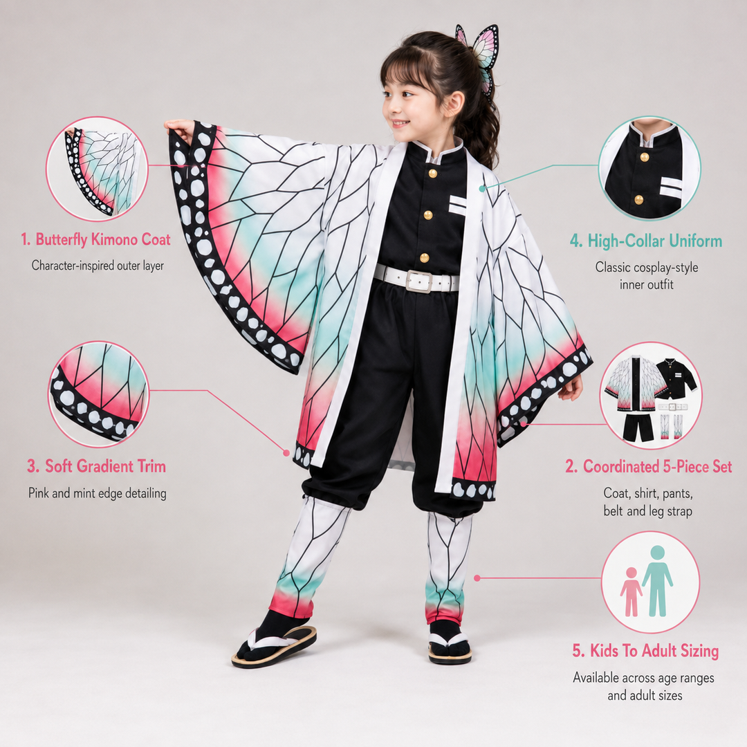 Halloween Anime Cosplay Costume and Outfits with Butterfly Haori Kimono and Leg Wraps for Party