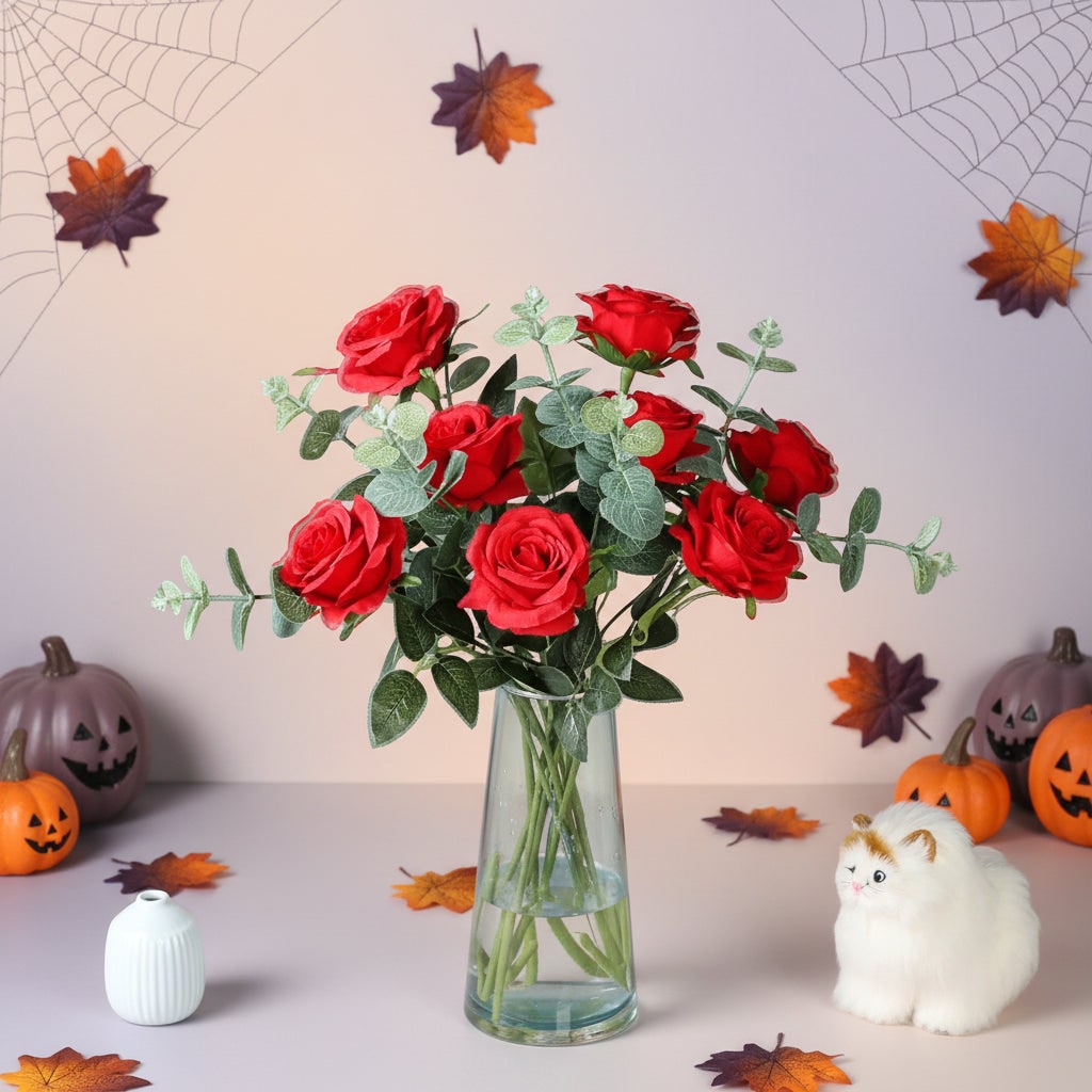 Halloween Artificial Roses Bulk in Vase with Stems for Seasonal Floral Decoration