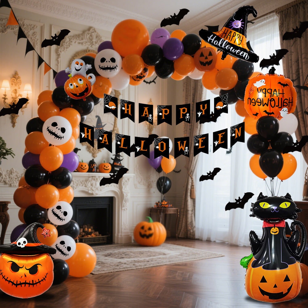 Halloween Balloon Arch Kit with Standing Stand for Party Decoration with Foil and Banner