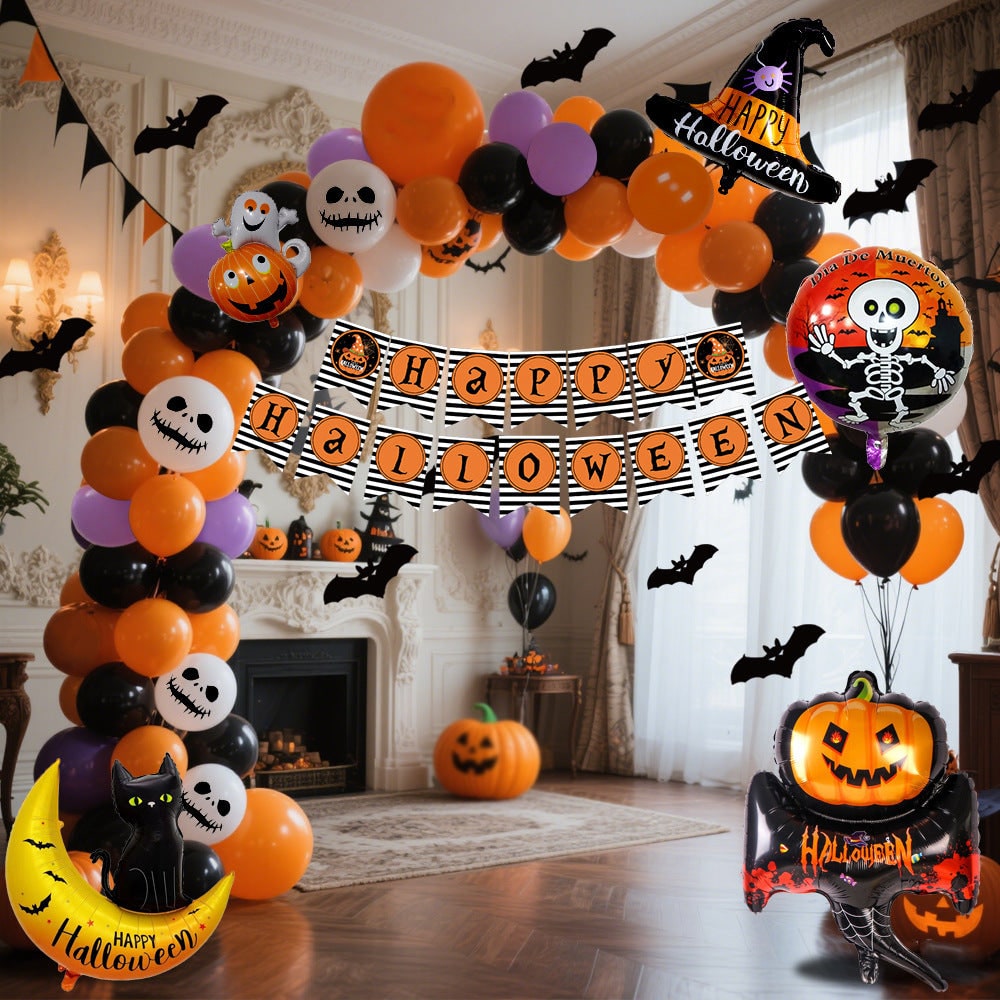 Halloween Balloon Arch Kit with Standing Stand for Party Decoration with Foil and Banner