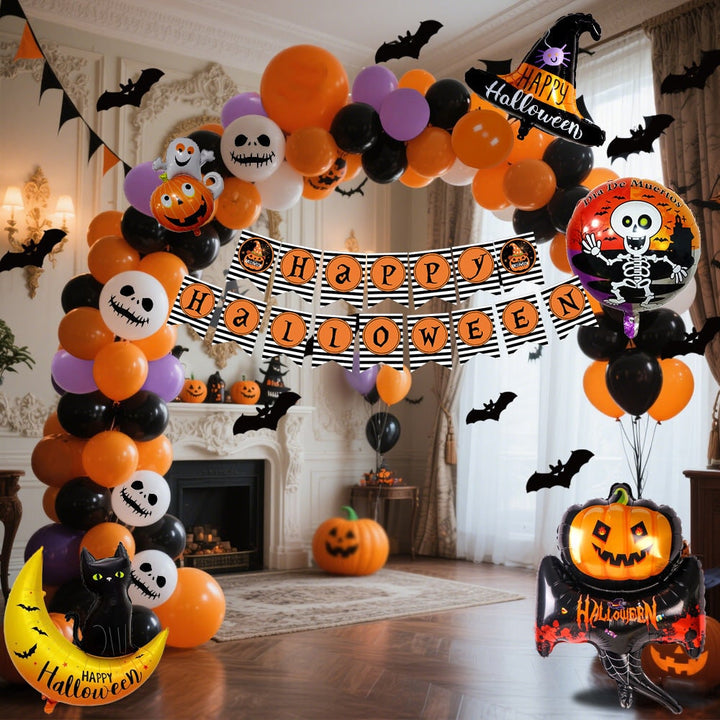 Halloween Balloon Arch Kit with Standing Stand for Party Decoration with Foil and Banner