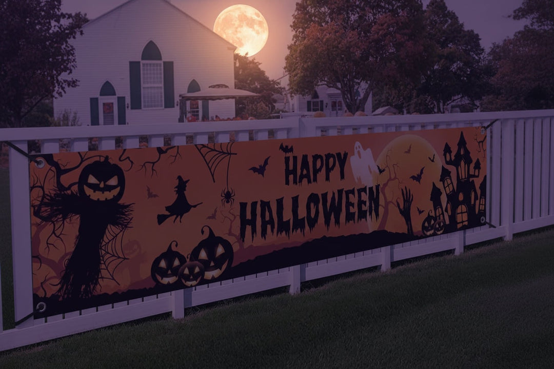 Halloween Banner Large Outdoor Decoration with Pumpkin Witch and Scarecrow Graphics for Yard