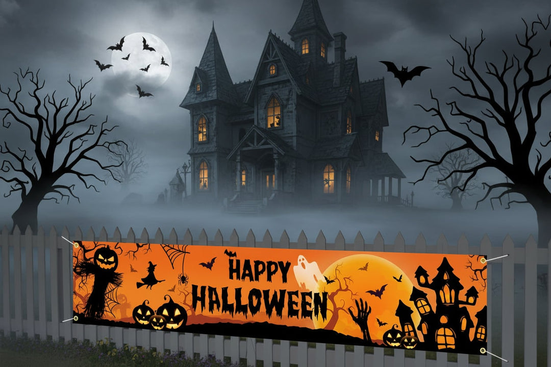 Halloween Banner Large Outdoor Decoration with Pumpkin Witch and Scarecrow Graphics for Yard