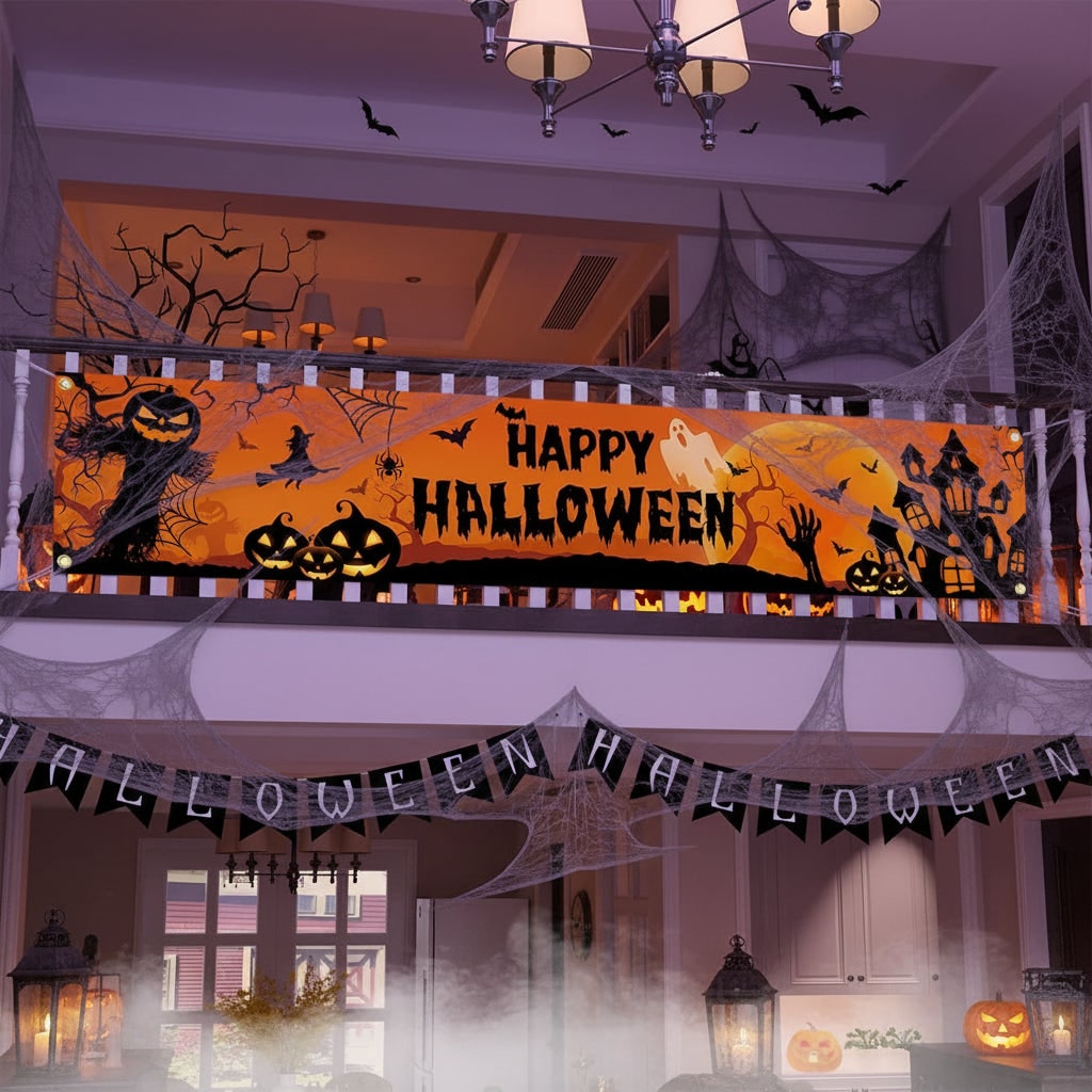 Halloween Banner Large Outdoor Decoration with Pumpkin Witch and Scarecrow Graphics for Yard
