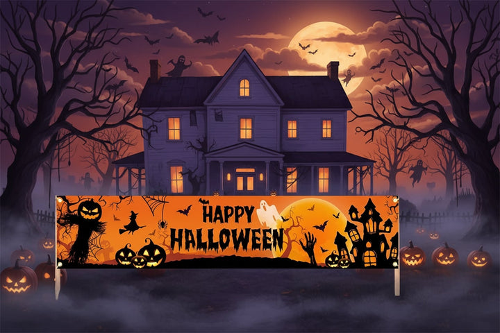 Halloween Banner Large Outdoor Decoration with Pumpkin Witch and Scarecrow Graphics for Yard
