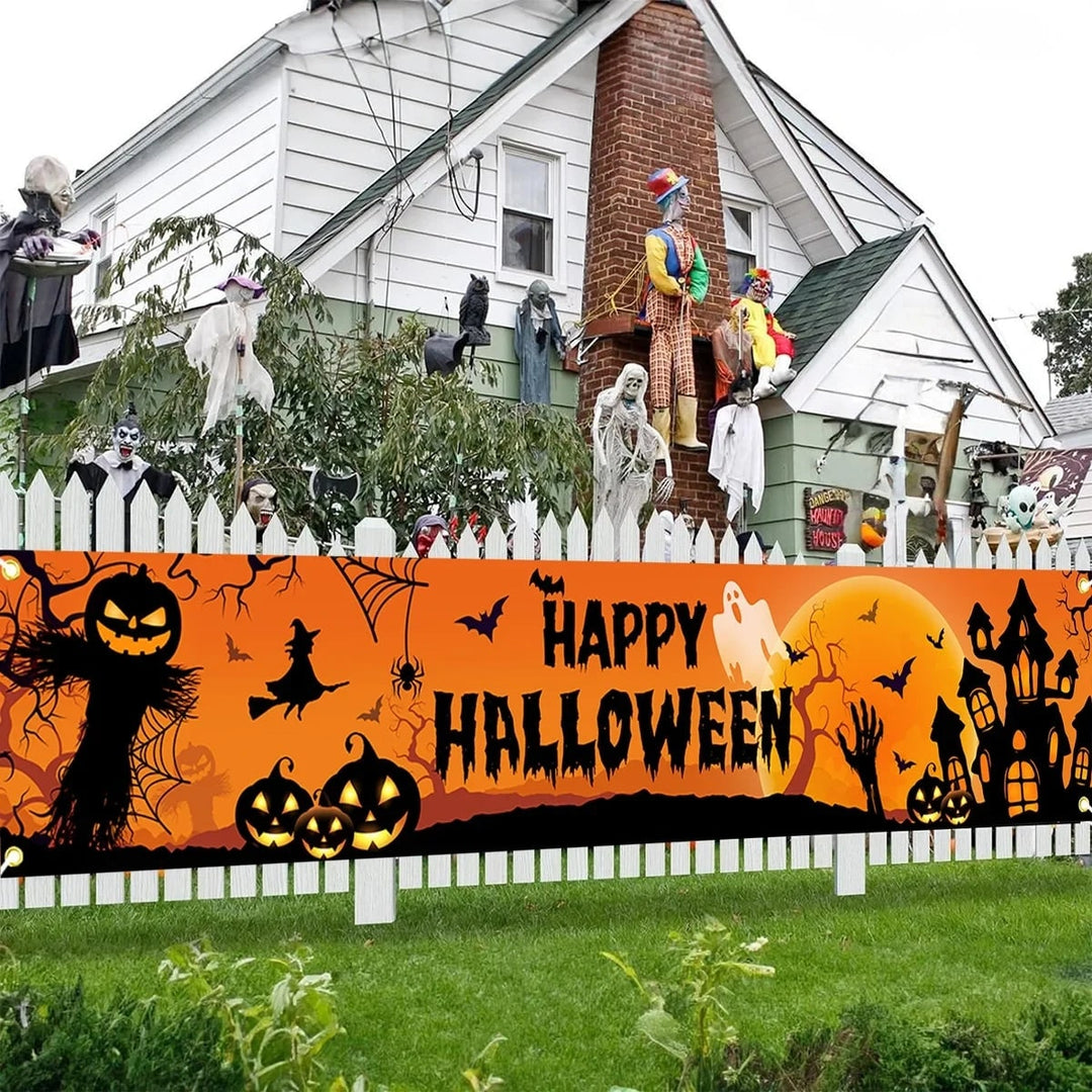 Halloween Banner Outdoor Yard Sign with Jack-O-Lantern and Witch Silhouettes for Party Decoration