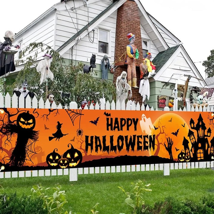 Halloween Banner Outdoor Yard Sign with Jack-O-Lantern and Witch Silhouettes for Party Decoration