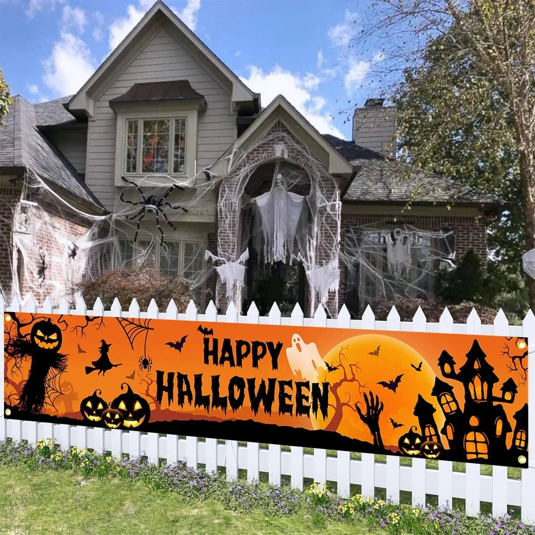 Halloween Banner Outdoor Yard Sign with Jack-O-Lantern and Witch Silhouettes for Party Decoration