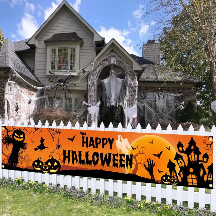 Halloween Banner Outdoor Yard Sign with Jack-O-Lantern and Witch Silhouettes for Party Decoration