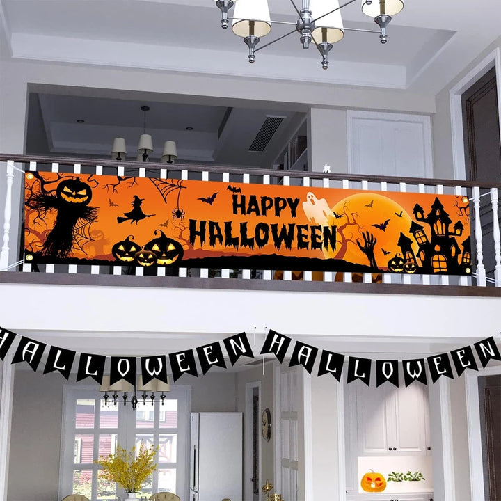 Halloween Banner Outdoor Yard Sign with Jack-O-Lantern and Witch Silhouettes for Party Decoration
