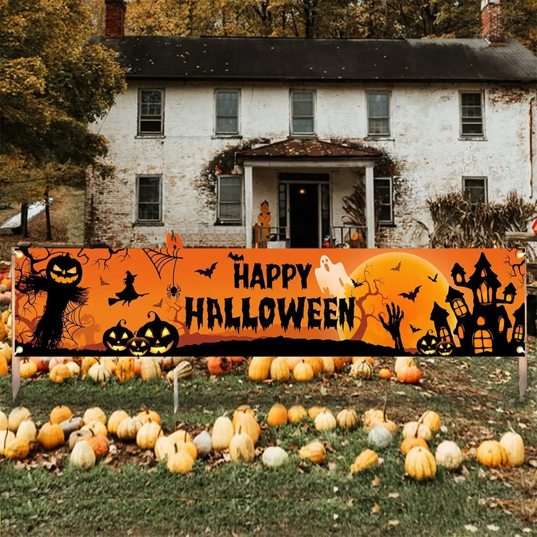 Halloween Banner Outdoor Yard Sign with Jack-O-Lantern and Witch Silhouettes for Party Decoration