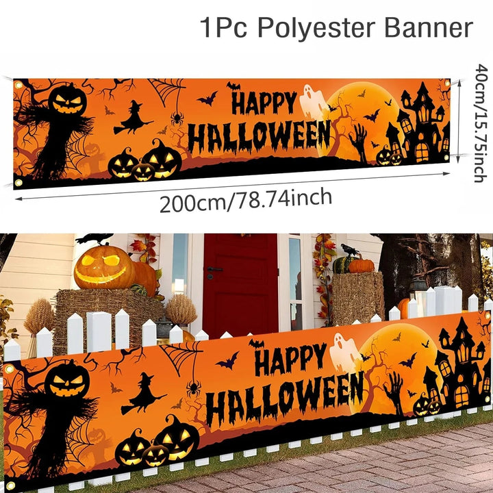 Halloween Banner Outdoor Yard Sign with Jack-O-Lantern and Witch Silhouettes for Party Decoration