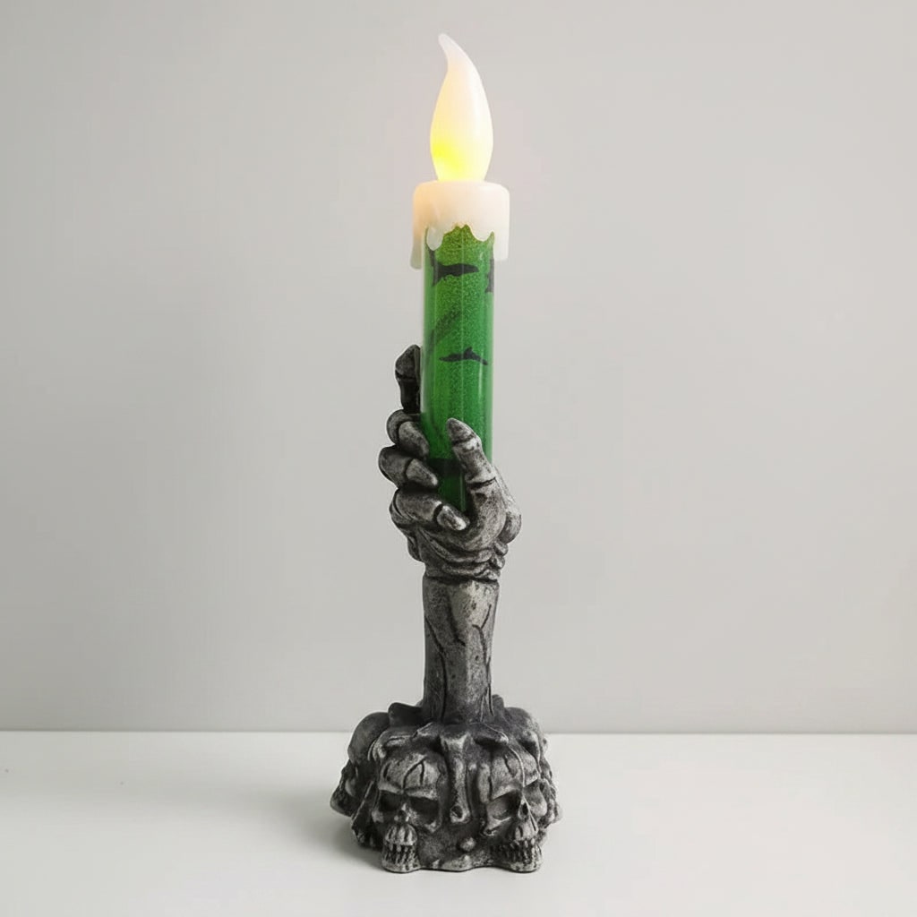 Halloween Battery Operated Flameless Candle with Skeleton Hand Holder and LED Light