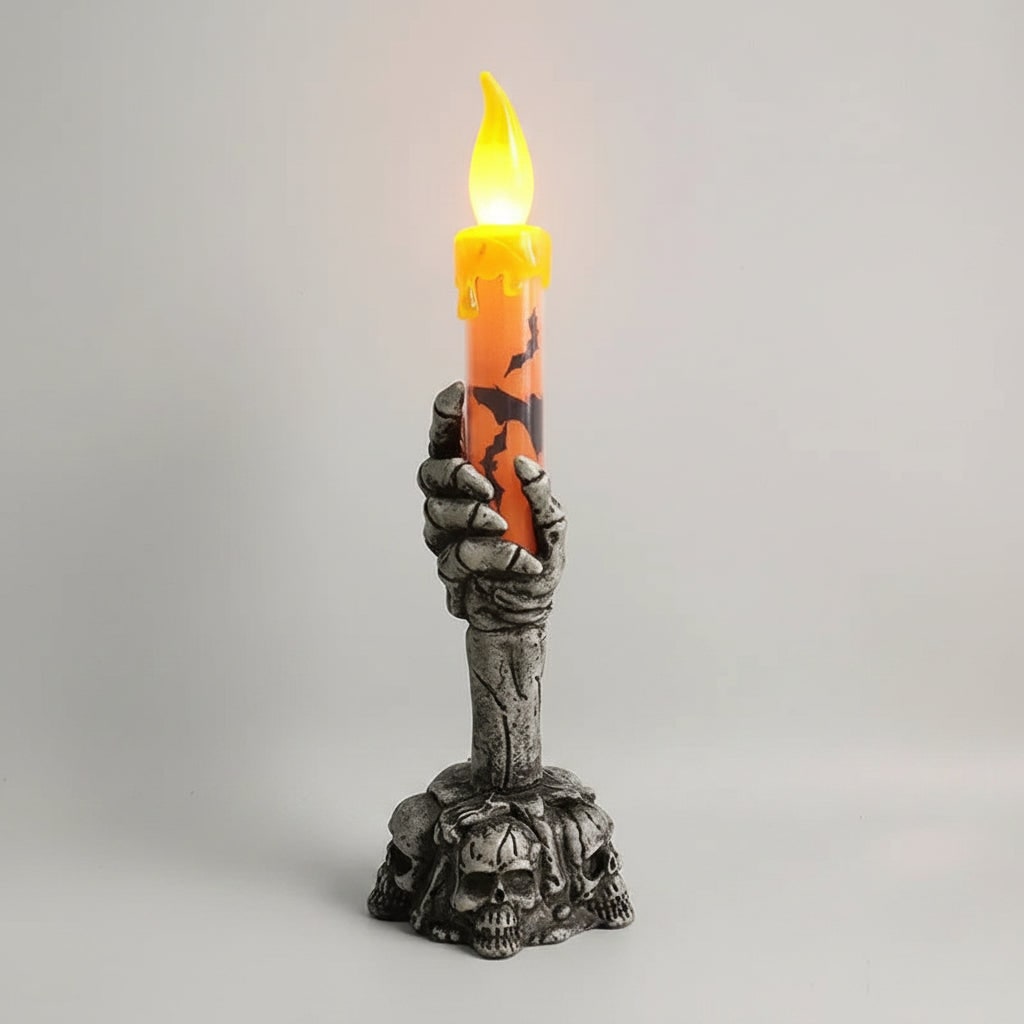 Halloween Battery Operated Flameless Candle with Skeleton Hand Holder and LED Light