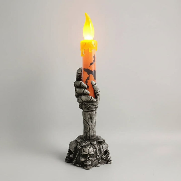 Halloween Battery Operated Flameless Candle with Skeleton Hand Holder and LED Light
