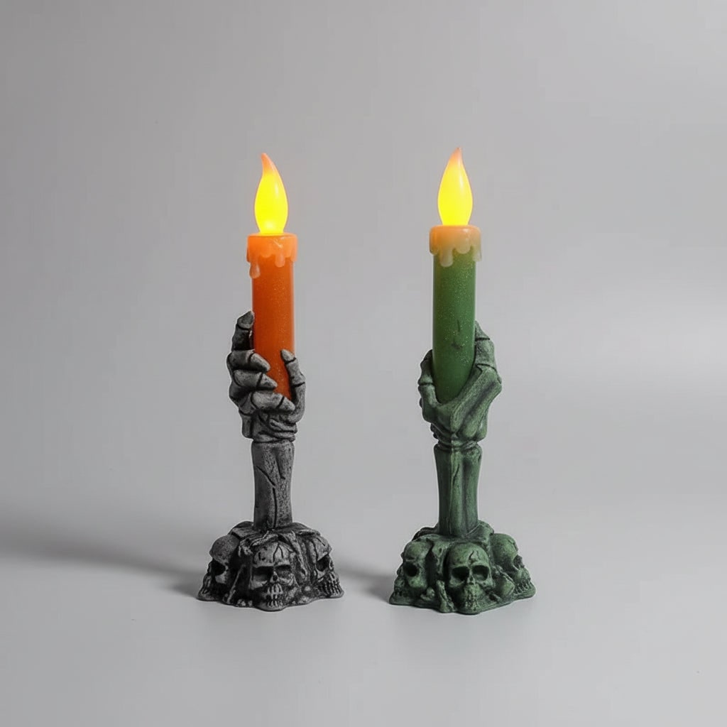 Halloween Battery Operated Flameless Candle with Skeleton Hand Holder and LED Light