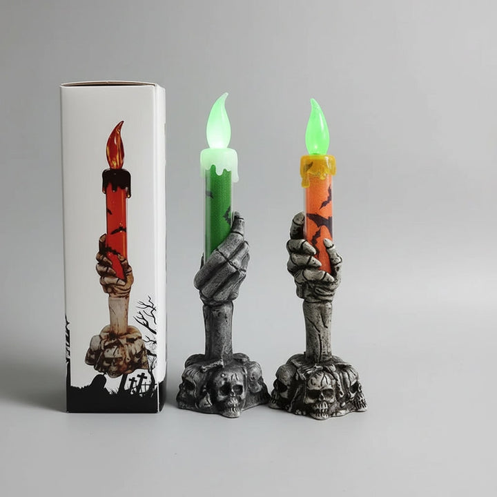 Halloween Battery Operated Flameless Candle with Skeleton Hand Holder and LED Light