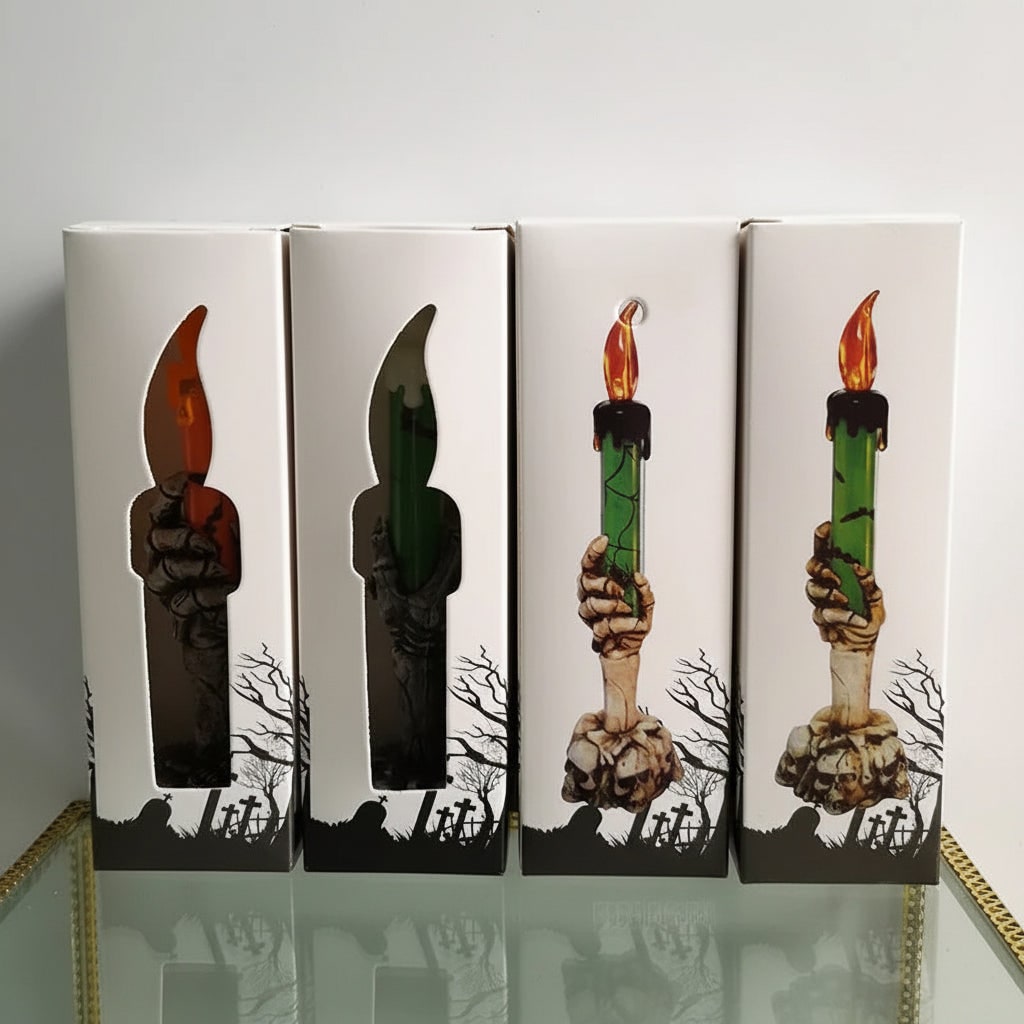 Halloween Battery Operated Flameless Candle with Skeleton Hand Holder and LED Light