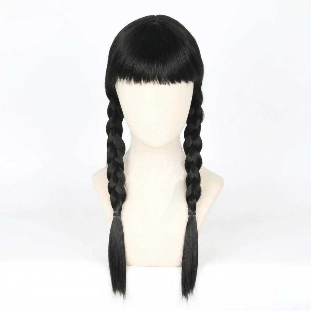 Halloween Braided Costume Wig with Straight Bangs and Pigtails Synthetic Hair Dress Up