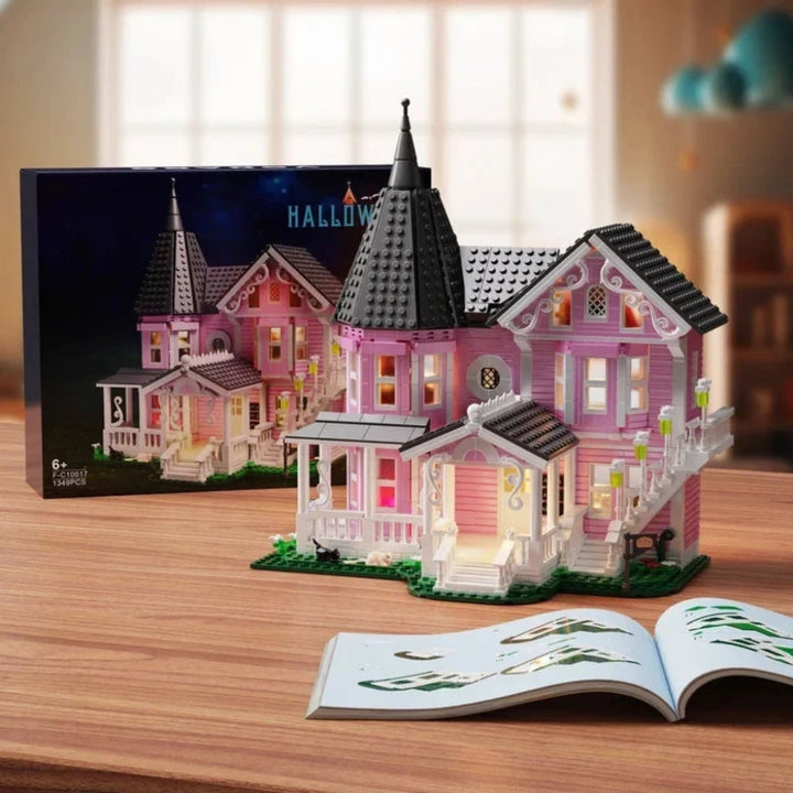 Halloween Building Block Sets with LED Lights Victorian Pink Dollhouse for Children Creative Play