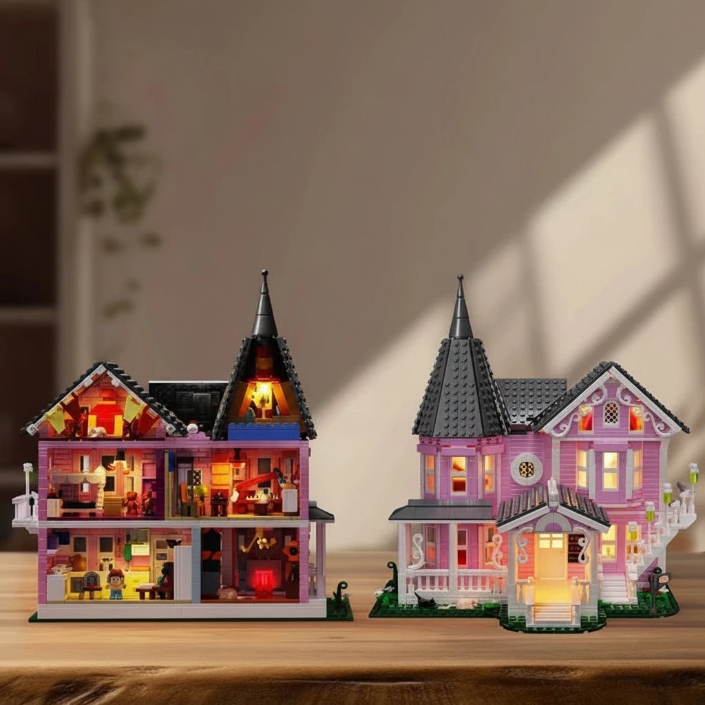 Halloween Building Block Sets with LED Lights Victorian Pink Dollhouse for Children Creative Play
